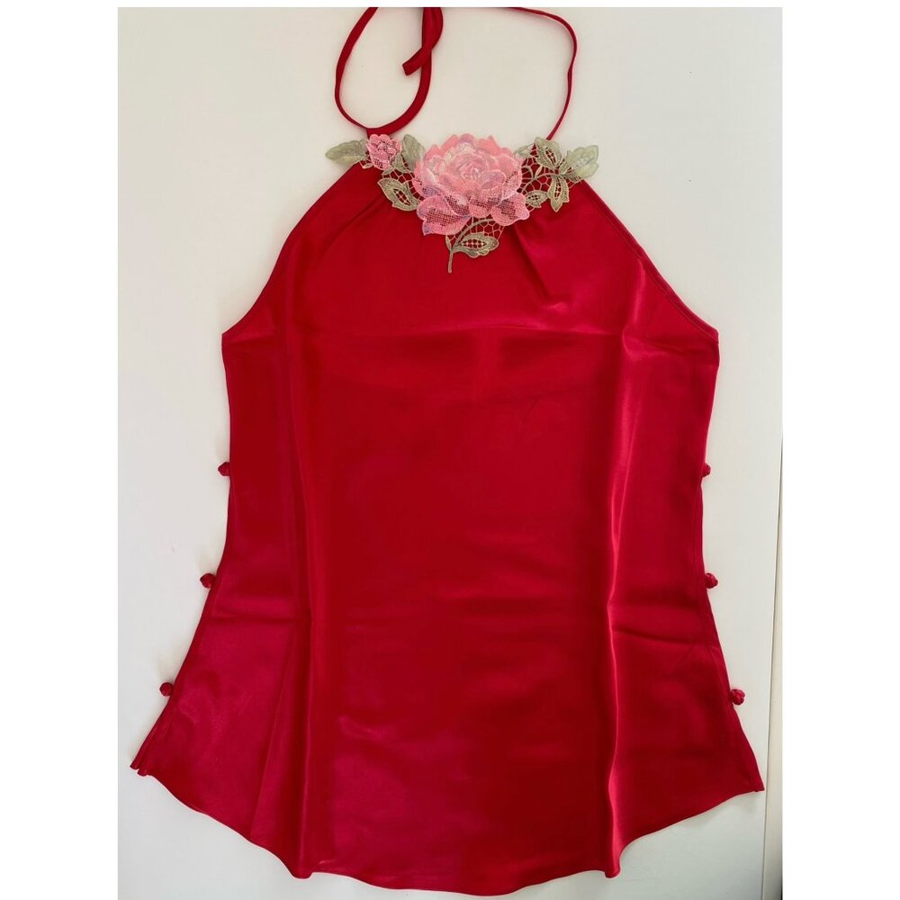 NWT 100% Silk Lingerie Floral Halter Top Knot buttons Jewel Red